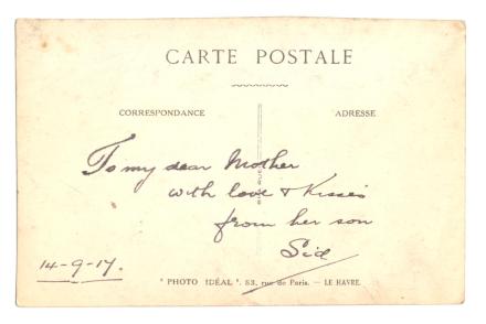 Postcard from Sidney Cox to his mother, 1917